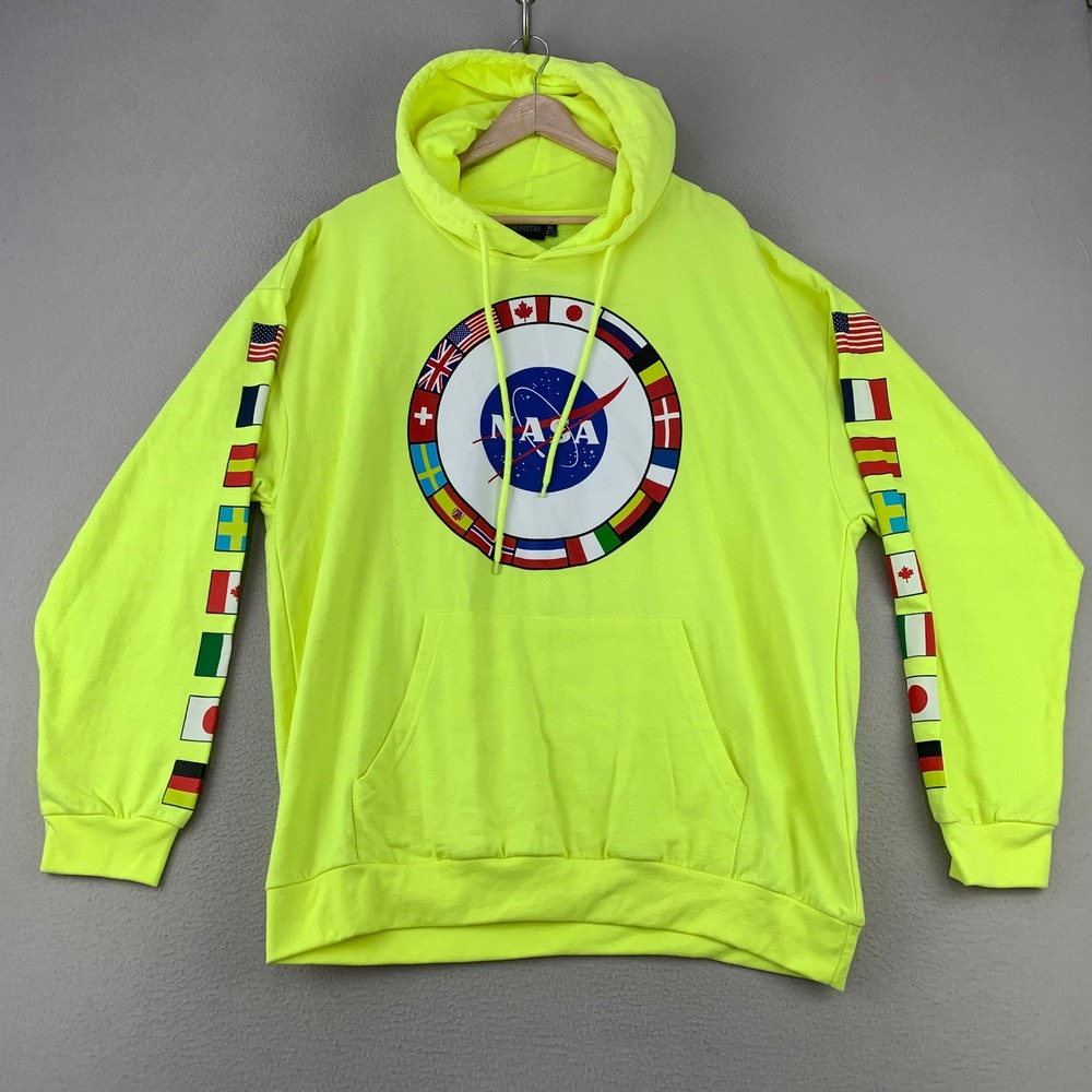 Chemistry NASA Hoodie Mens XL Yellow Graphic Flags Pullover Neon Space Logo NWT